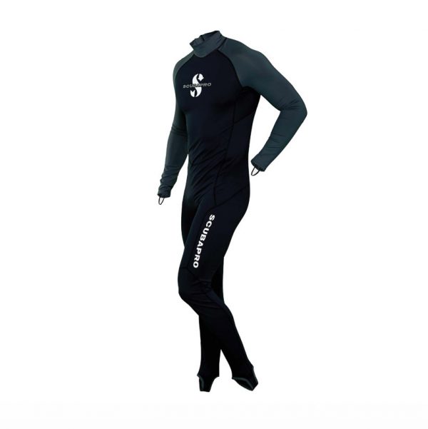 Stylish skin protection increases comfort during warm water dives and surface fun. UPF 50 rating blocks 98% of UV radiation. Made from high quality nylon fabric. Comfortable full body protection for diving, snorkeling or swimming. Form-fitting for that sleek hydrodynamic look and feel. YKK back zipper increases comfort when worn alone or under a suit. High neck decreases chafing from other gear. Foot stirrups and thumb loops offer easy donning. Highly versatile – ideal for divers, snorkelers, paddle boarders, swimmers and other water enthusiasts too.