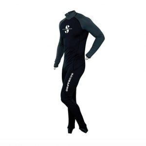 Stylish skin protection increases comfort during warm water dives and surface fun. UPF 50 rating blocks 98% of UV radiation. Made from high quality nylon fabric. Comfortable full body protection for diving, snorkeling or swimming. Form-fitting for that sleek hydrodynamic look and feel. YKK back zipper increases comfort when worn alone or under a suit. High neck decreases chafing from other gear. Foot stirrups and thumb loops offer easy donning. Highly versatile – ideal for divers, snorkelers, paddle boarders, swimmers and other water enthusiasts too.